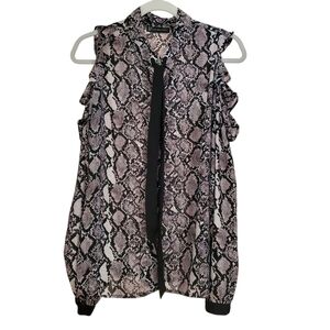 Snakeskin Ruffle Cold Shoulder Longsleeve Blouse Secretary Bow Medium